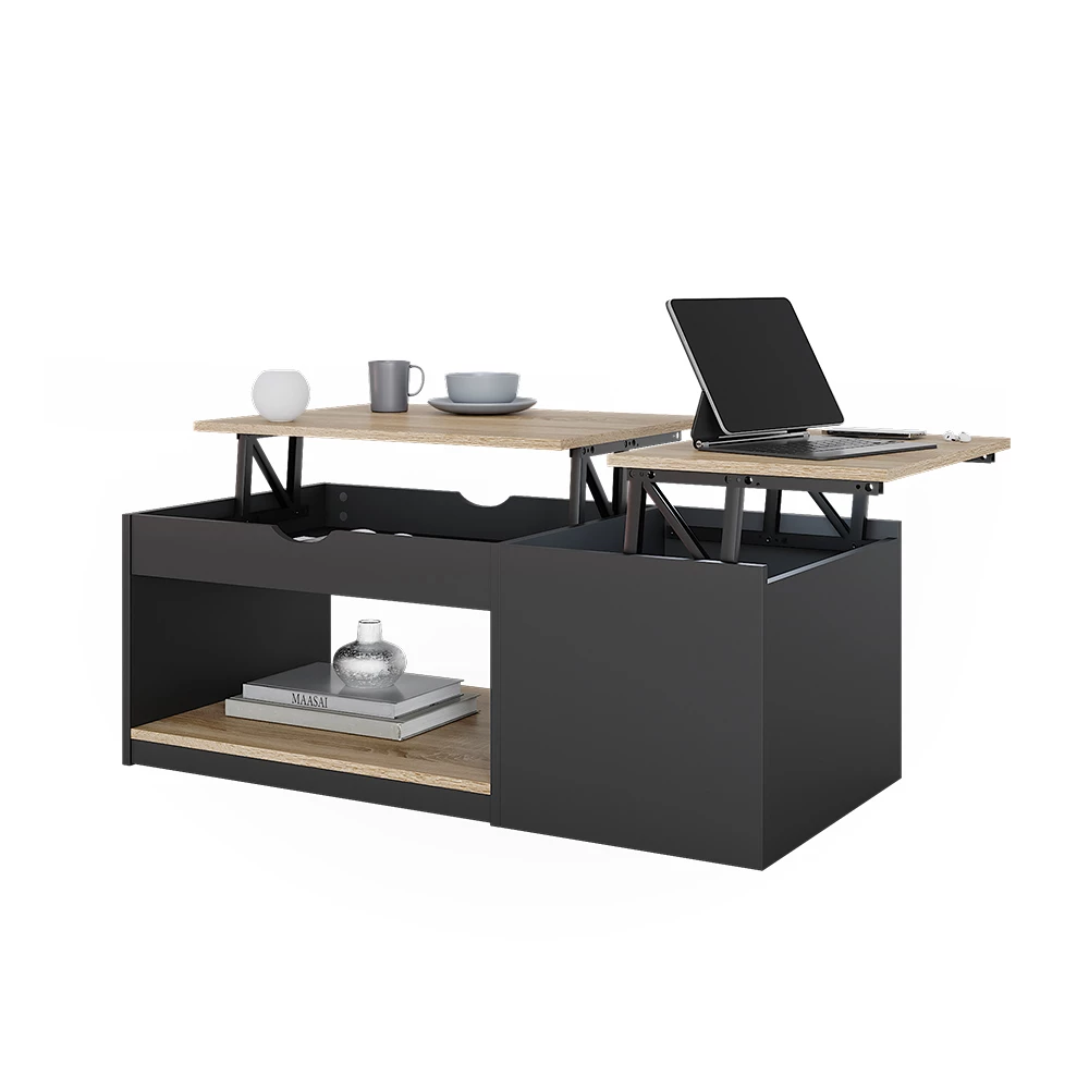 Couchtisch in Schwarz auf weißem Hintergrund mit dekorativen Elementen