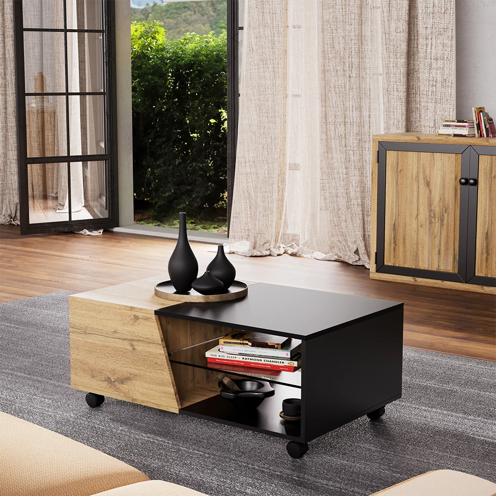 Mesa de centro en Madera sobre fondo blanco con elementos decorativos