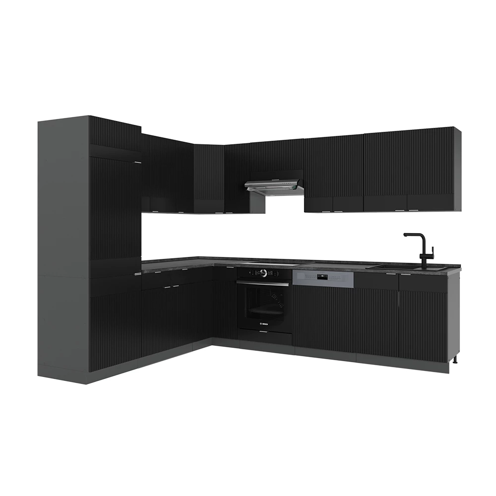 Kotna kuhinja v Črna črtasta/antracitna na belem ozadju