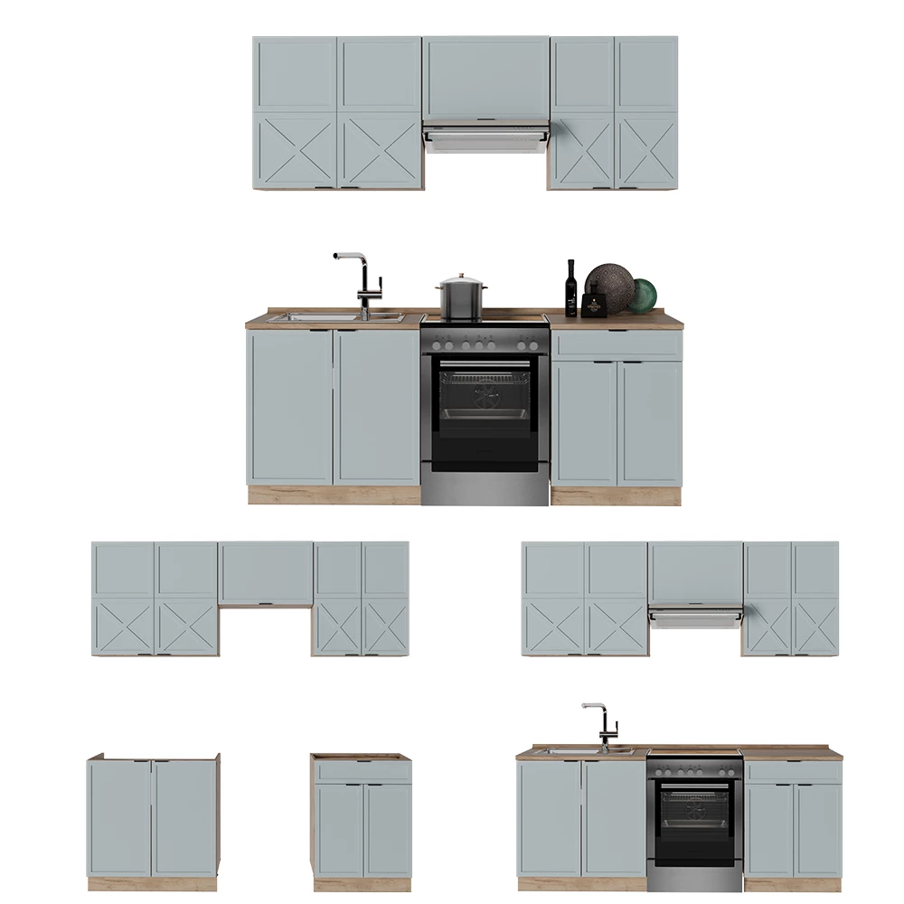 Cuisine en Bleu clair-gris/chêne force d'or sur fond blanc avec des éléments décoratifs