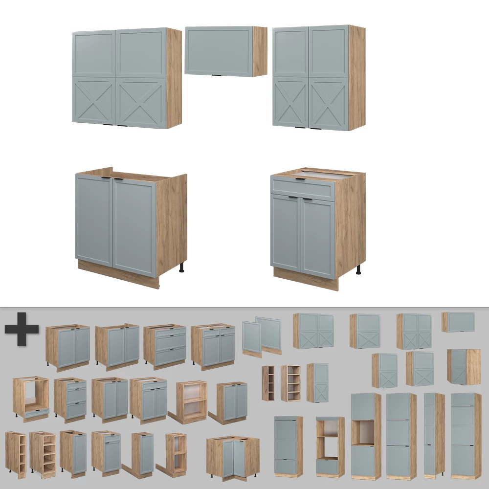 Gros plan de Cuisine en Bleu clair-gris/chêne force d'or, montrant le design et les détails de surface