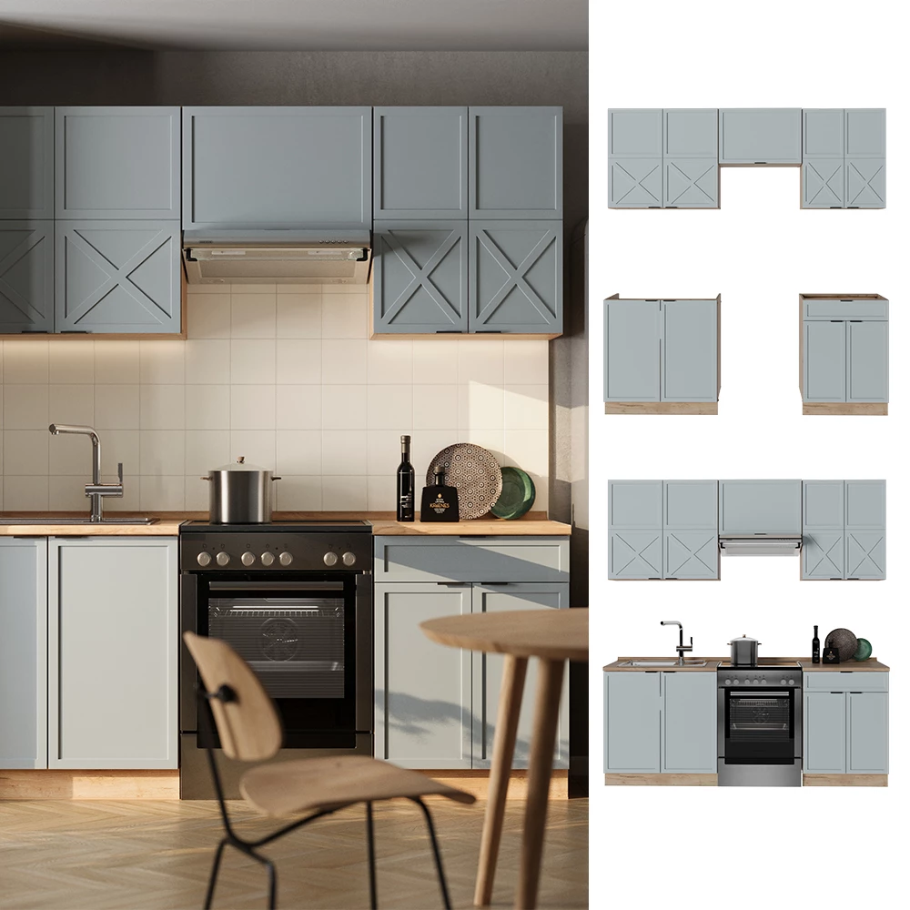 Cuisine en Bleu clair-gris/chêne force d'or, présenté dans un décor ambiant et sur fond blanc
