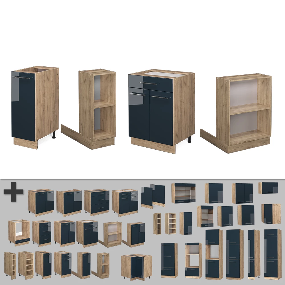 Nahaufnahme von Kücheninsel in Dunkelblau Hochglanz, zeigt Design- und Oberflächendetails