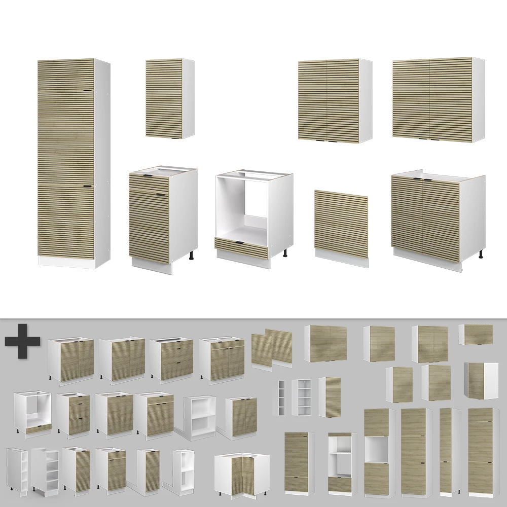 Nahaufnahme von Küchenzeile in Eiche Paneel/Weiß, zeigt Design- und Oberflächendetails