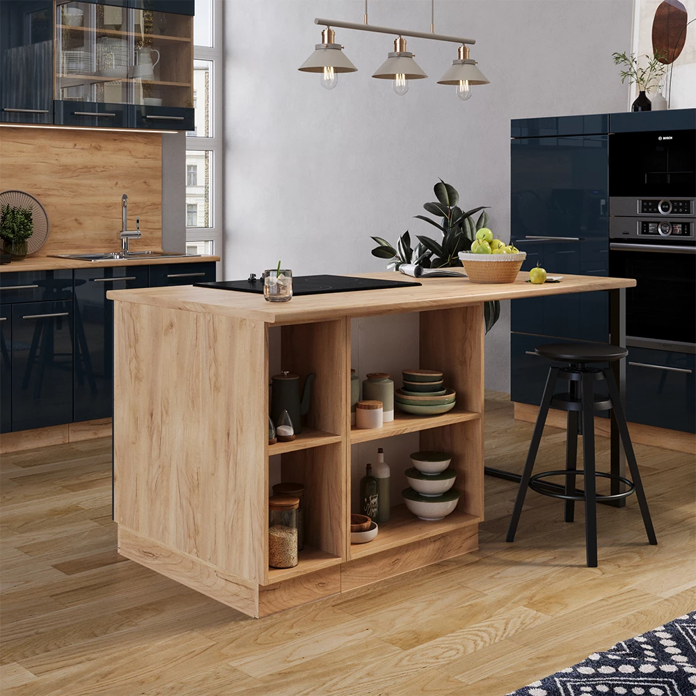 Vicco Insula de bucătărie Albastru închis lucios/stejar Goldkraft 90cm, Fame-Line