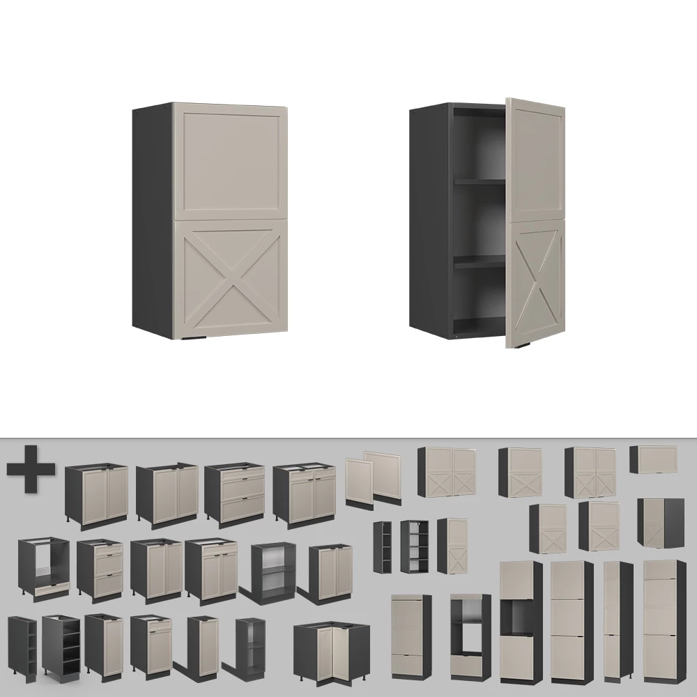Nahaufnahme von Hängeschrank in GrauBeige, zeigt Textur/Details