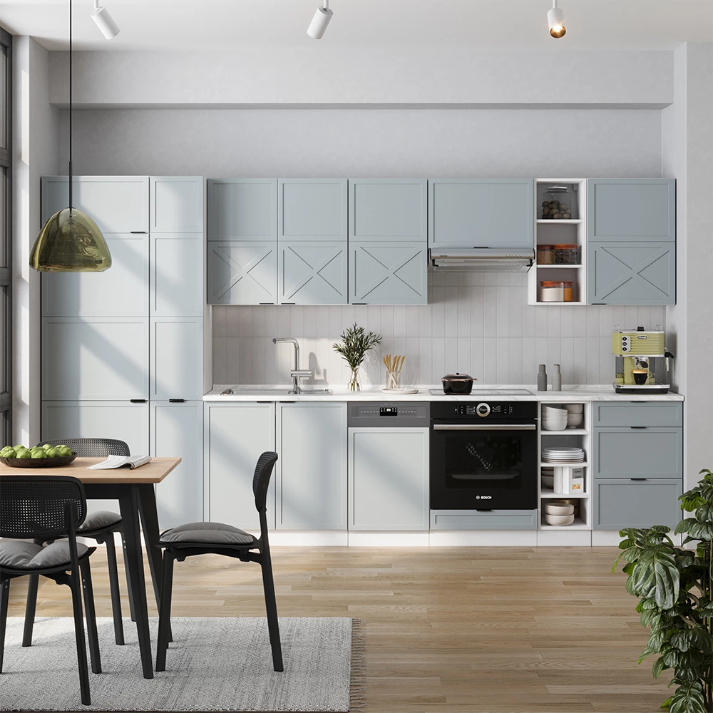 Konyhabútor Világoskék-szürke/fehér színben fehér háttéren