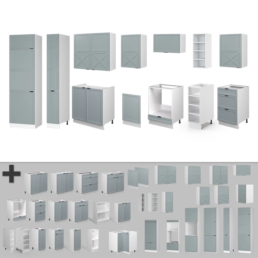Gros plan de Cuisine en Bleu clair-gris/blanc, montrant le design et les détails de surface