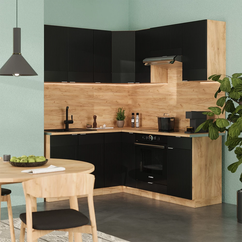 Bucătărie de colț in Dungi negre/Stejar Goldkraft on white background