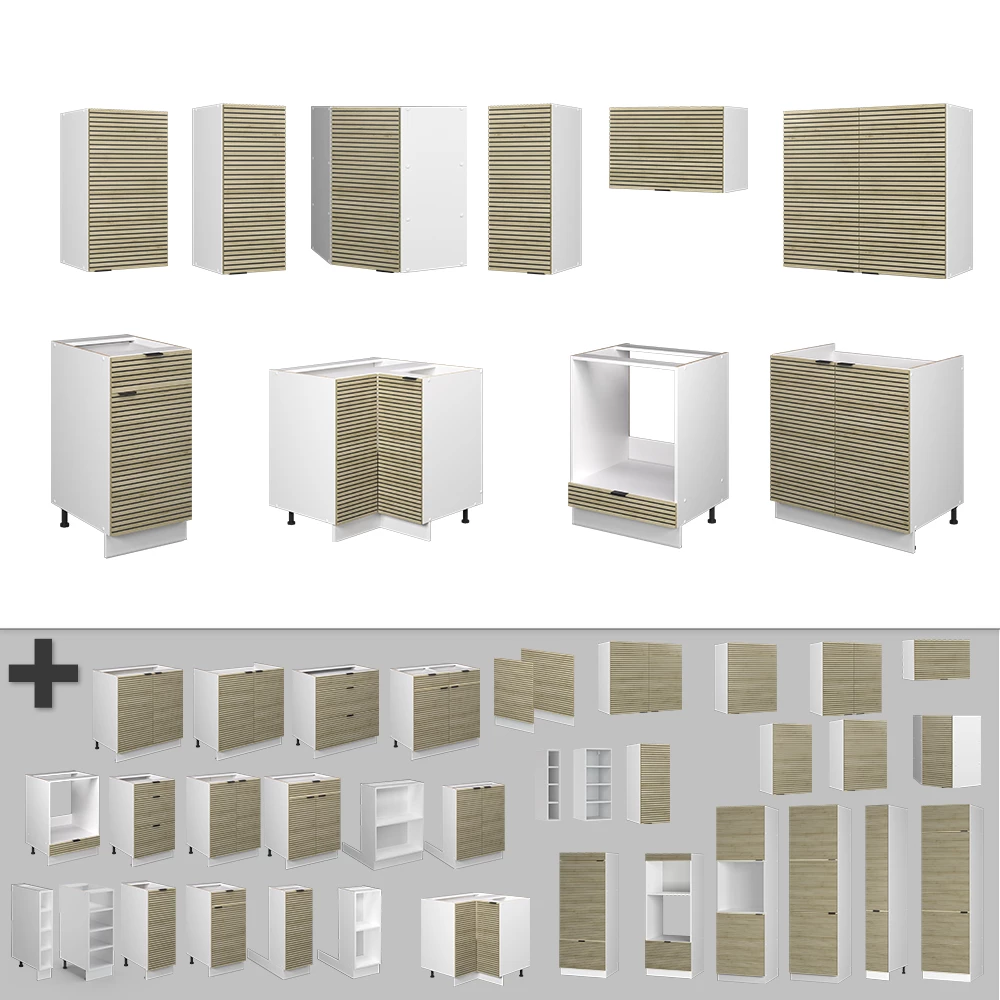 Nahaufnahme von Eckküche in Eiche Paneel/Weiß, zeigt Design- und Oberflächendetails