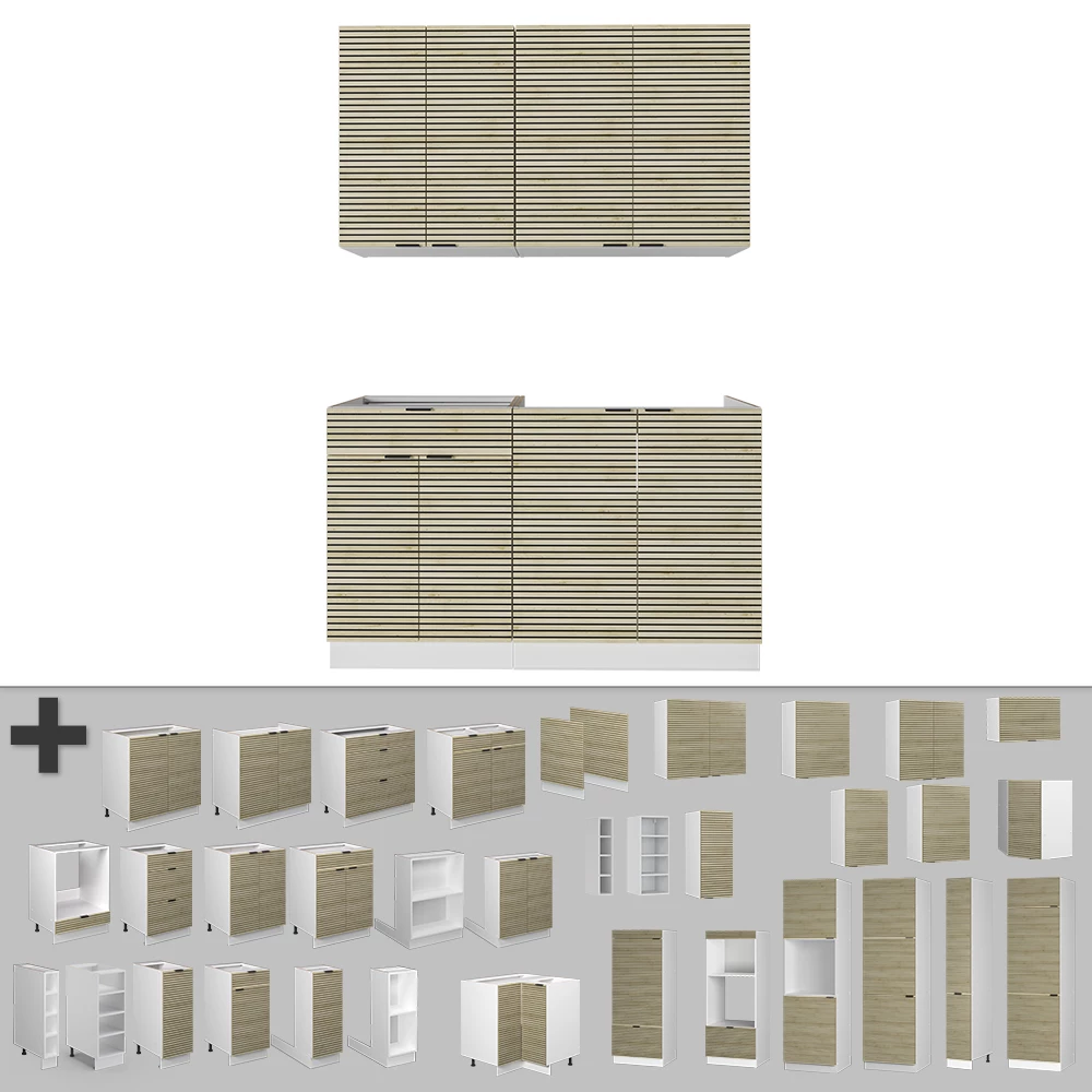 Gros plan de Cuisine en Chêne lambris/blanc, montrant le design et les détails de surface