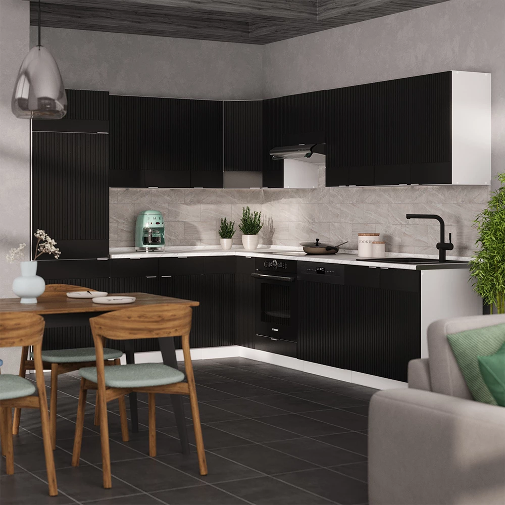 Bucătărie de colț in dungi negre/albe on white background