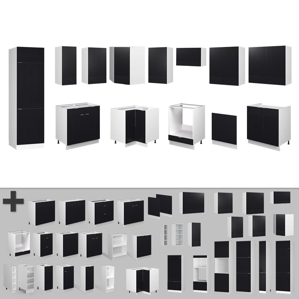 Gros plan de Cuisine en angle en Noir rayé/blanc, montrant le design et les détails de surface