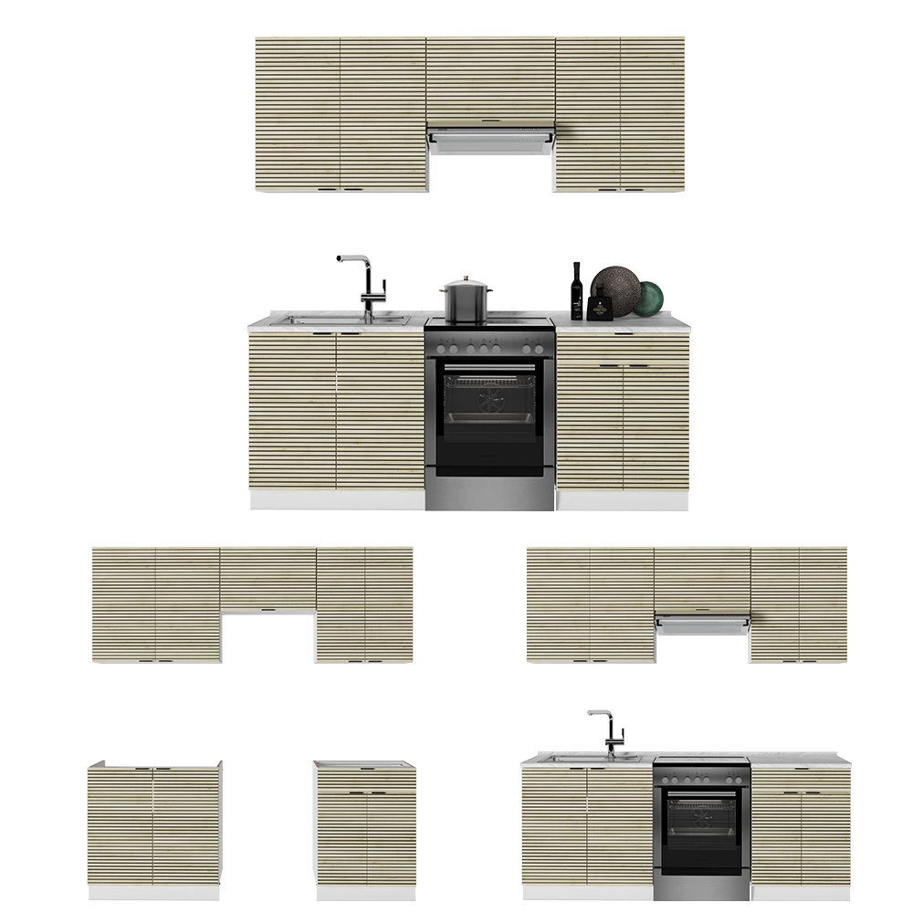 Cuisine en Chêne lambris/blanc sur fond blanc avec des éléments décoratifs