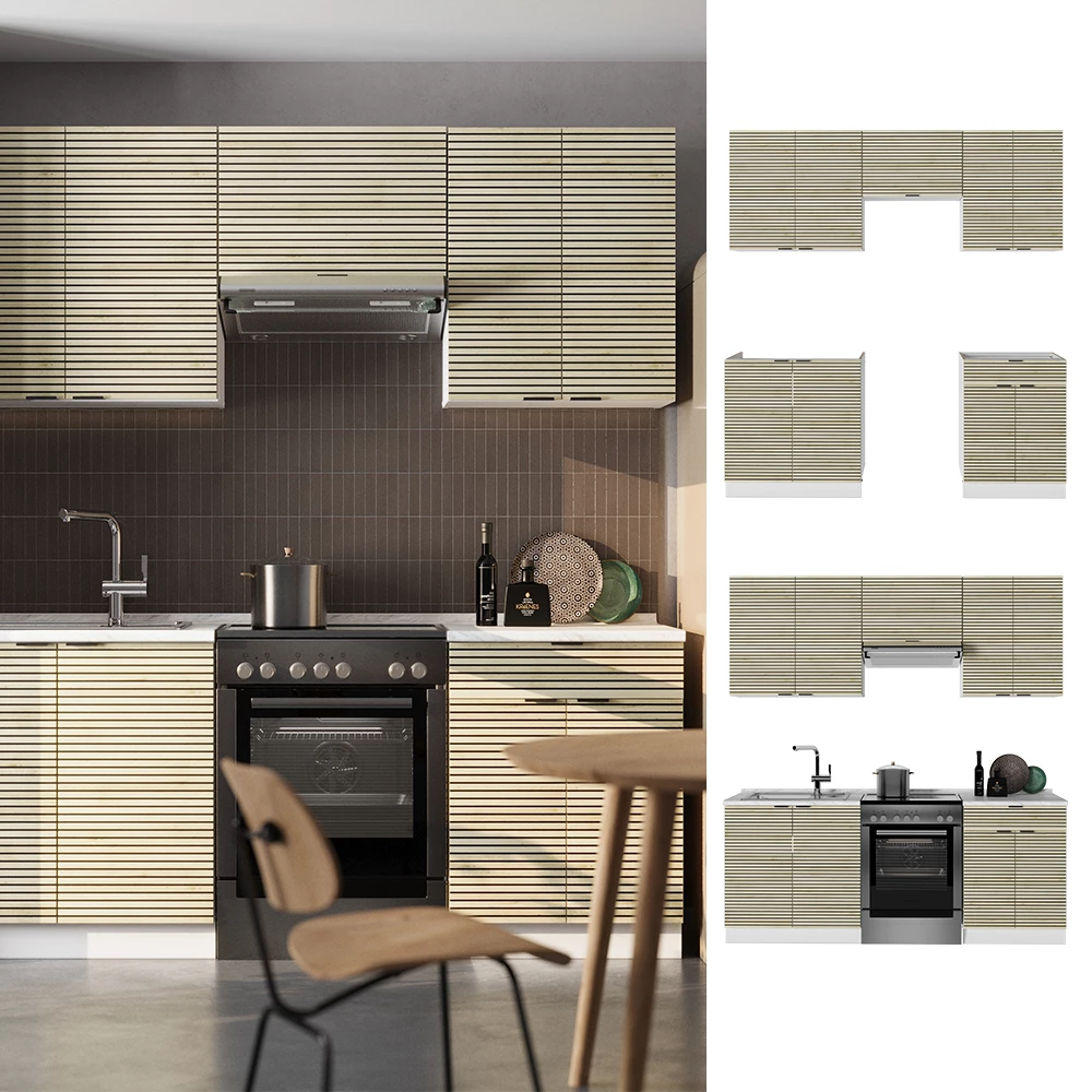 Cuisine en Chêne lambris/blanc, présenté dans un décor ambiant et sur fond blanc