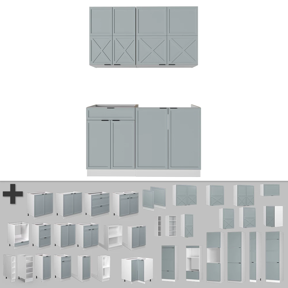 Nahaufnahme von Singleküche in Hellblau-grau/Weiß, zeigt Design- und Oberflächendetails