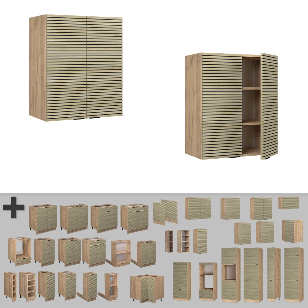 Nahaufnahme von Hängeschrank in Eiche Paneel, zeigt Textur/Details