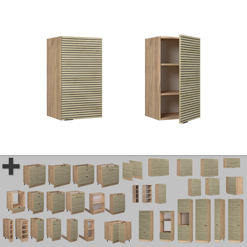 Nahaufnahme von Hängeschrank in Eiche Paneel, zeigt Textur/Details
