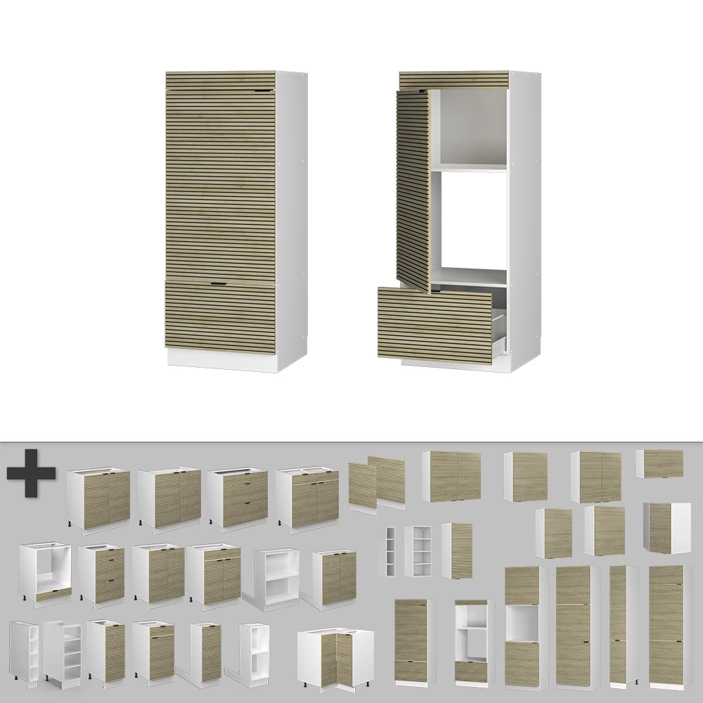 Nahaufnahme von Mikrowellenschrank in Eiche Paneel, zeigt Textur/Details