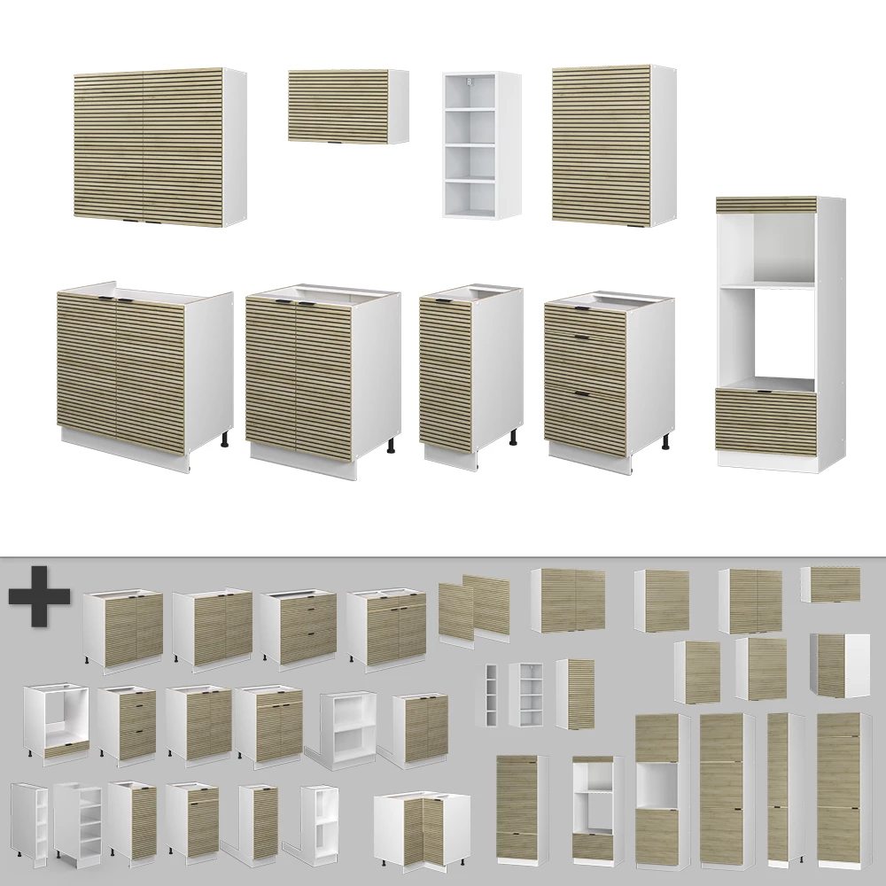 Nahaufnahme von Küchenzeile in Eiche Paneel/Weiß, zeigt Design- und Oberflächendetails