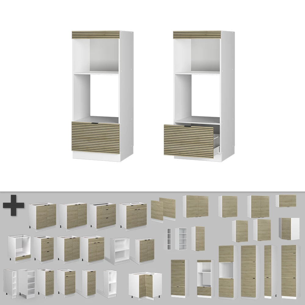Nahaufnahme von Mikrowellenschrank in Eiche Paneel, zeigt Textur/Details