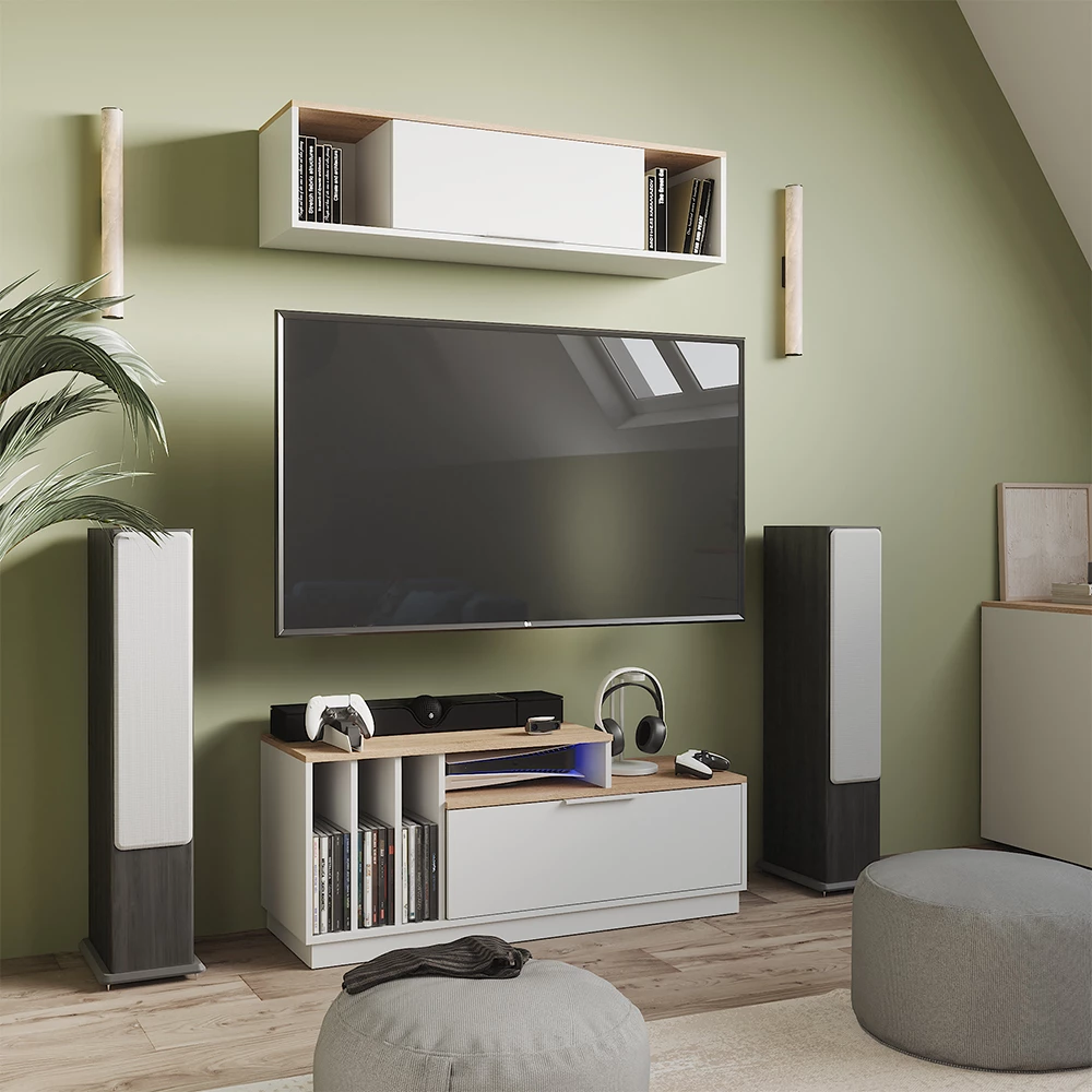 Lowboard in Weiß/Sonoma auf weißem Hintergrund