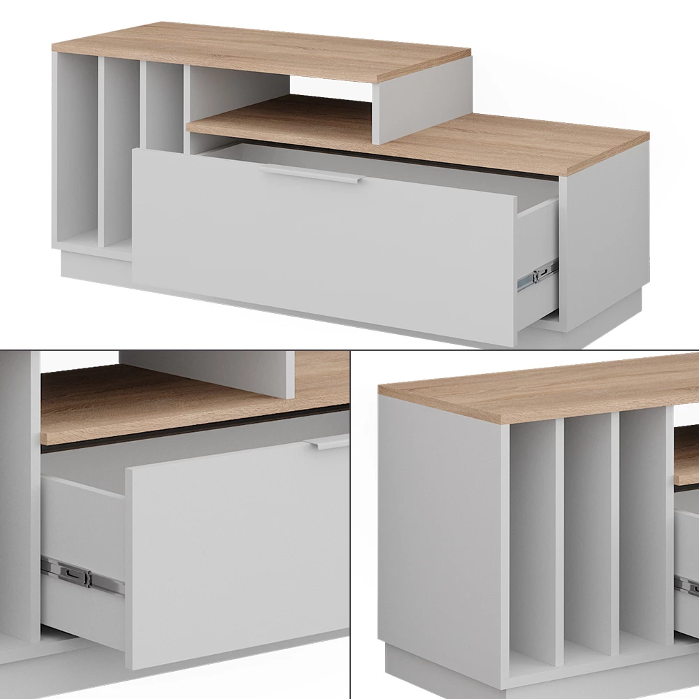 Nahaufnahme von Lowboard in Weiß/Sonoma, zeigt Design- und Oberflächendetails