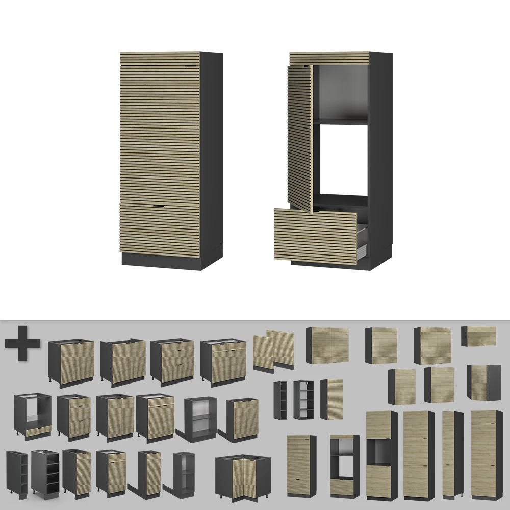 Nahaufnahme von Mikrowellenschrank in Eiche Paneel, zeigt Textur/Details