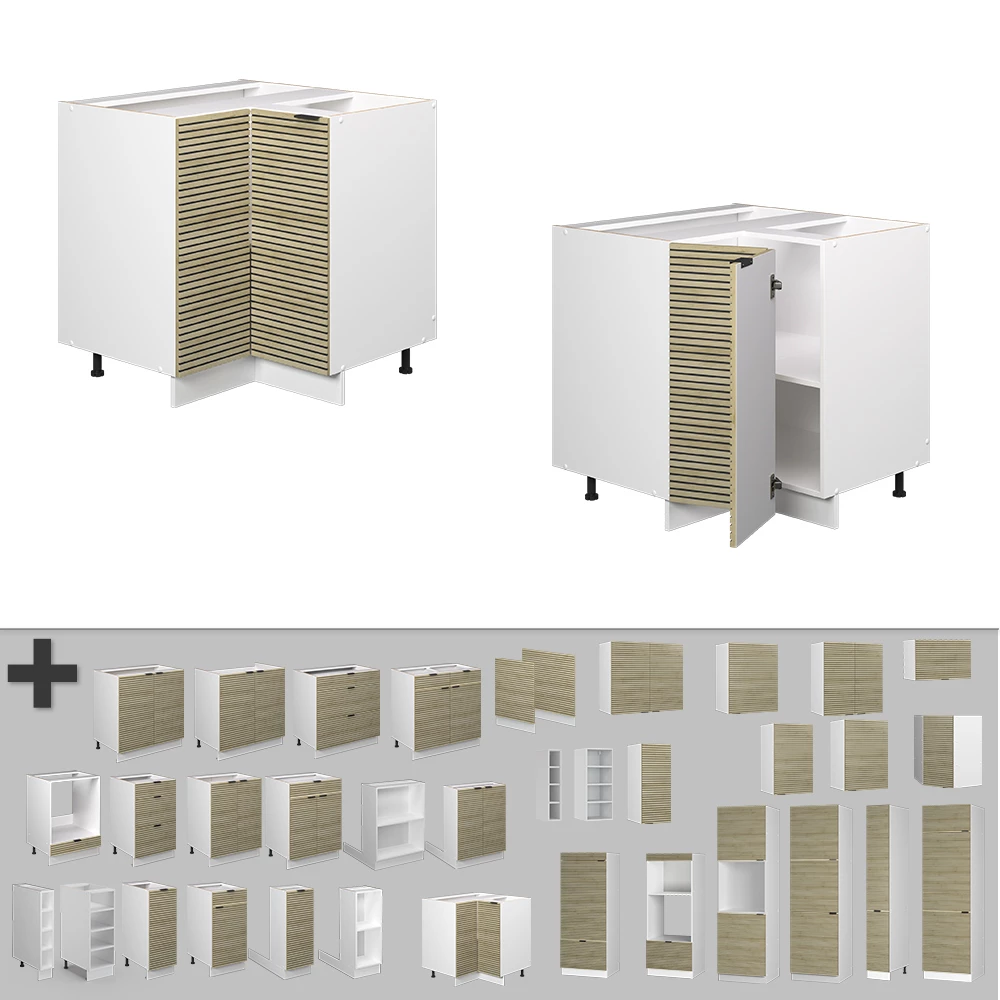 Nahaufnahme von Eckschrank in Eiche Paneel, zeigt Design- und Oberflächendetails