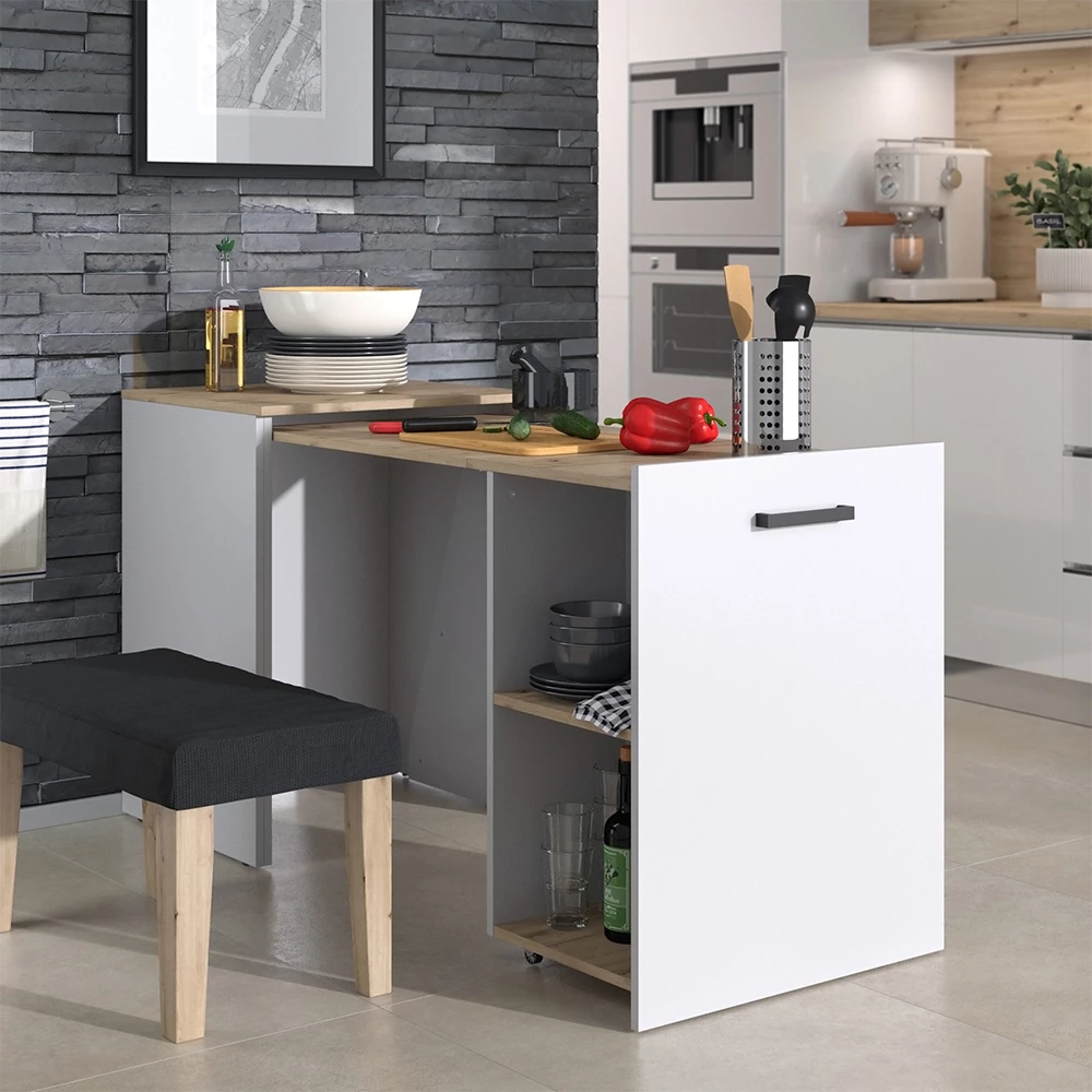 Esstisch in Greige/Artisan-Eiche, dargestellt im Ambiente mit Dekoration