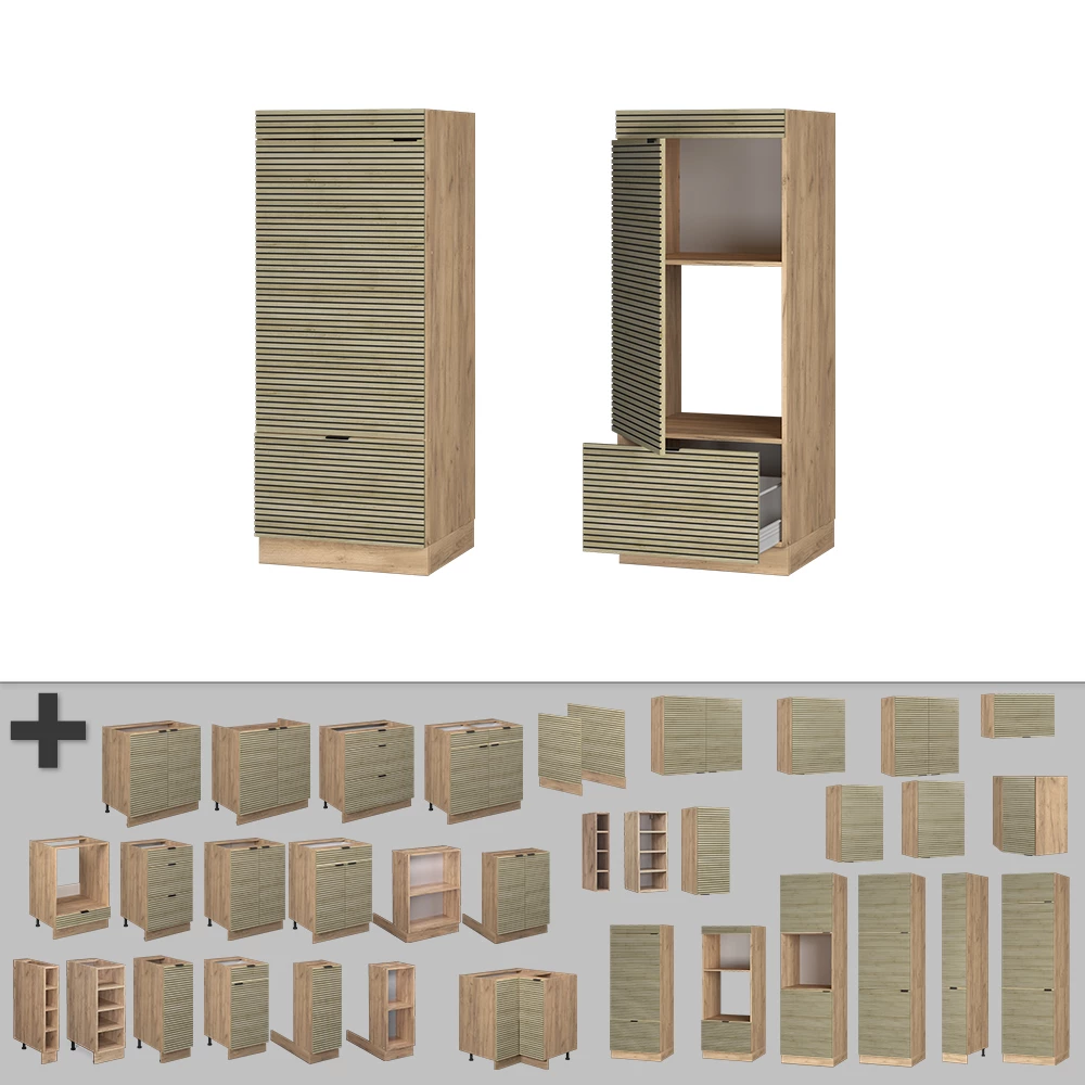 Nahaufnahme von Mikrowellenschrank in Eiche Paneel, zeigt Textur/Details