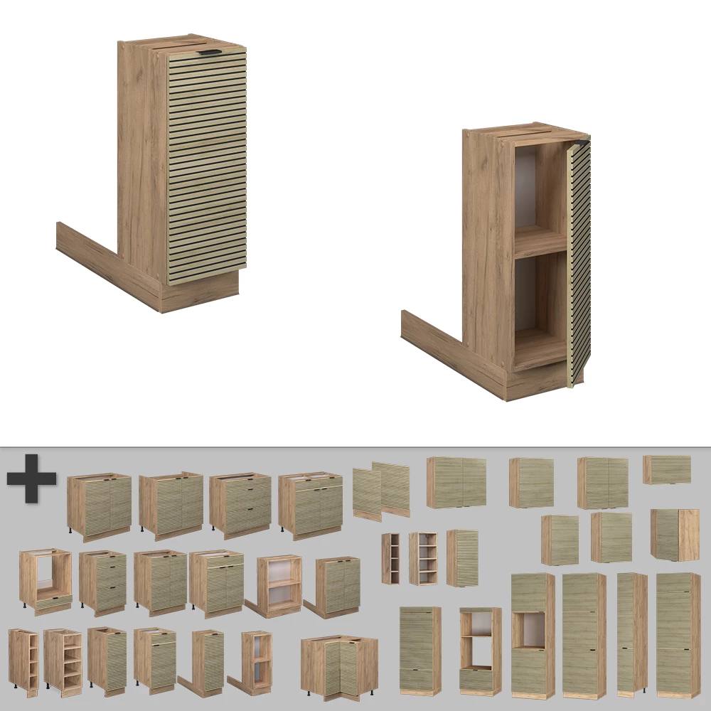 Nahaufnahme von Kücheninsel in Eiche Paneel, zeigt Design- und Oberflächendetails