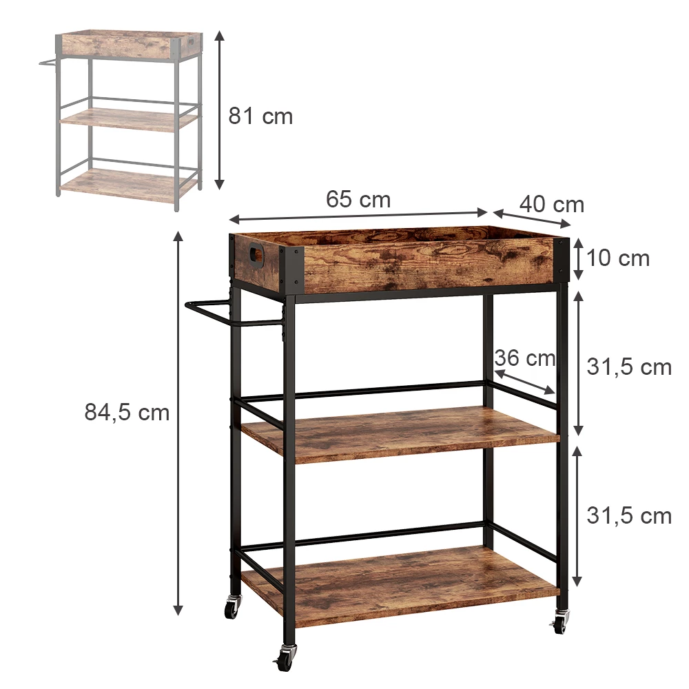 Vicco Serveringsvogn Rustikt egetræ 65 x 84.5 cm, Fyrk