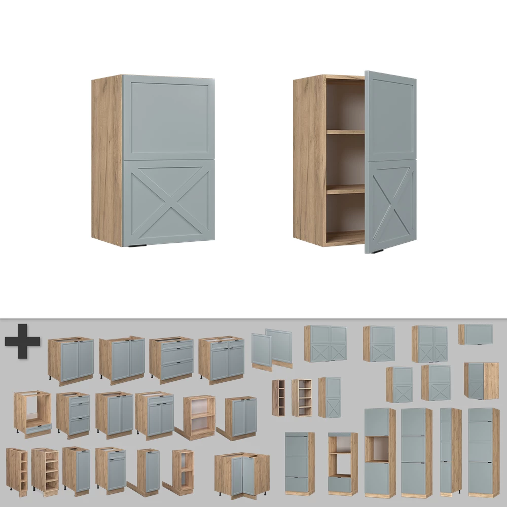 Nahaufnahme von Hängeschrank in Hellblau-grau, zeigt Textur/Details
