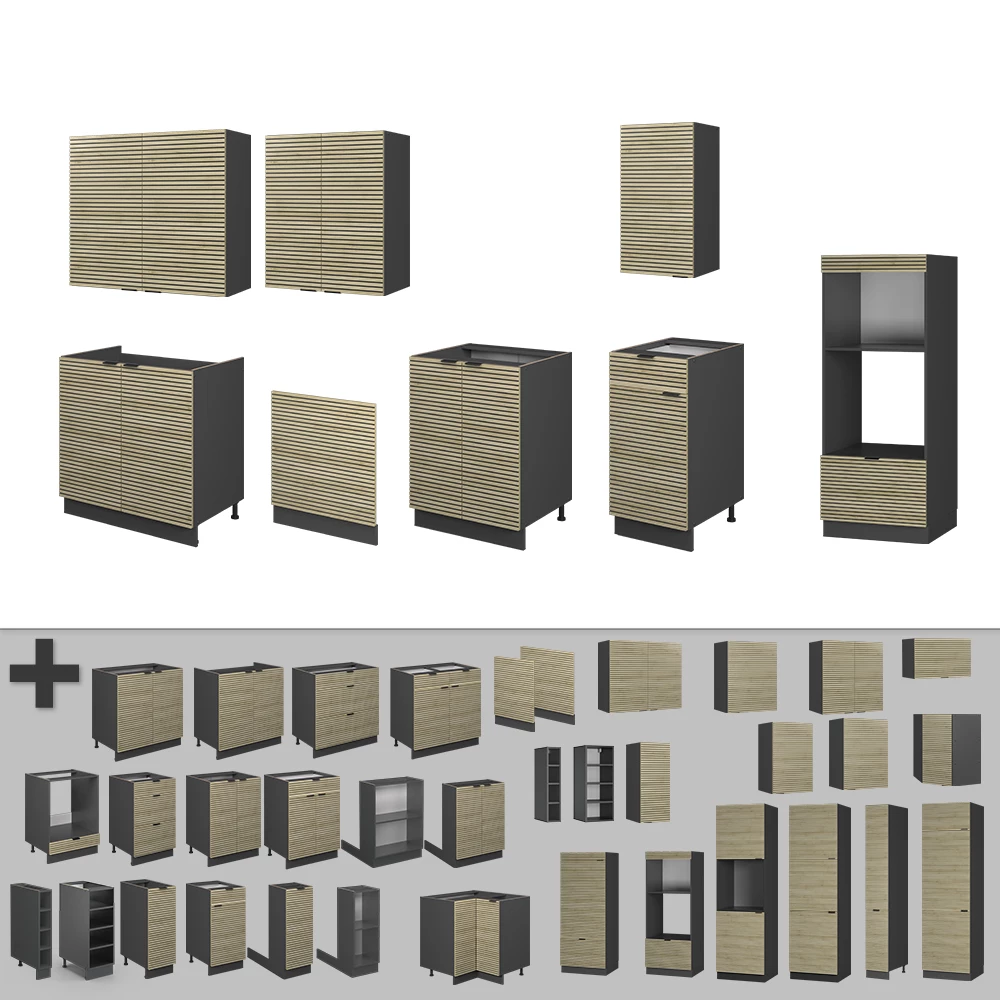 Nahaufnahme von Küchenzeile in Eiche Paneel/Anthrazit, zeigt Design- und Oberflächendetails