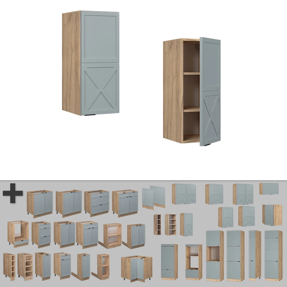 Nahaufnahme von Hängeschrank in Hellblau-grau, zeigt Textur/Details