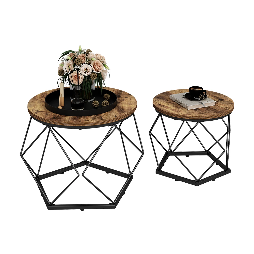 Sohvapöydän setti in Maalaismainen tammi on white background with decorative elements