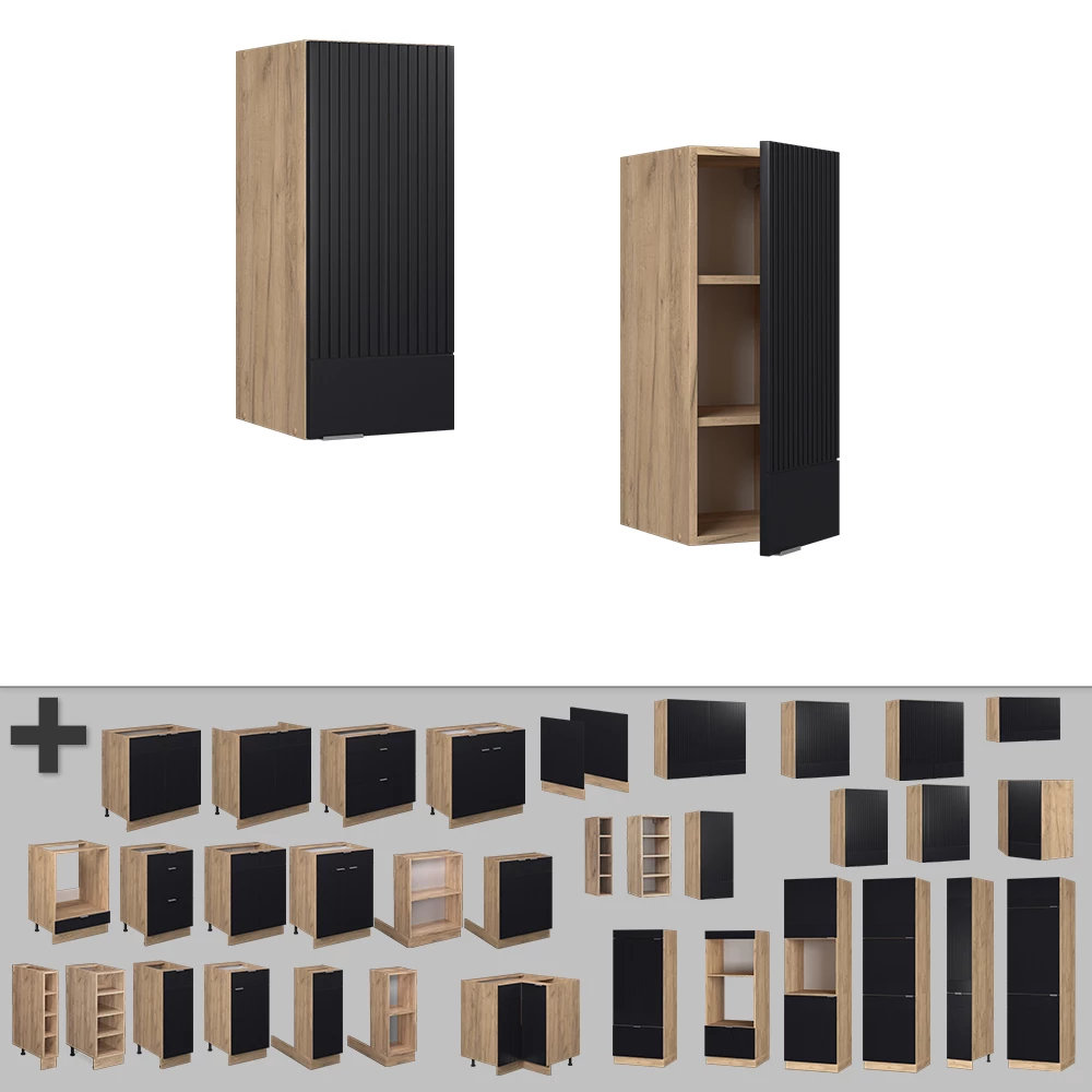 Nahaufnahme von Hängeschrank in Schwarz gestreift, zeigt Textur/Details