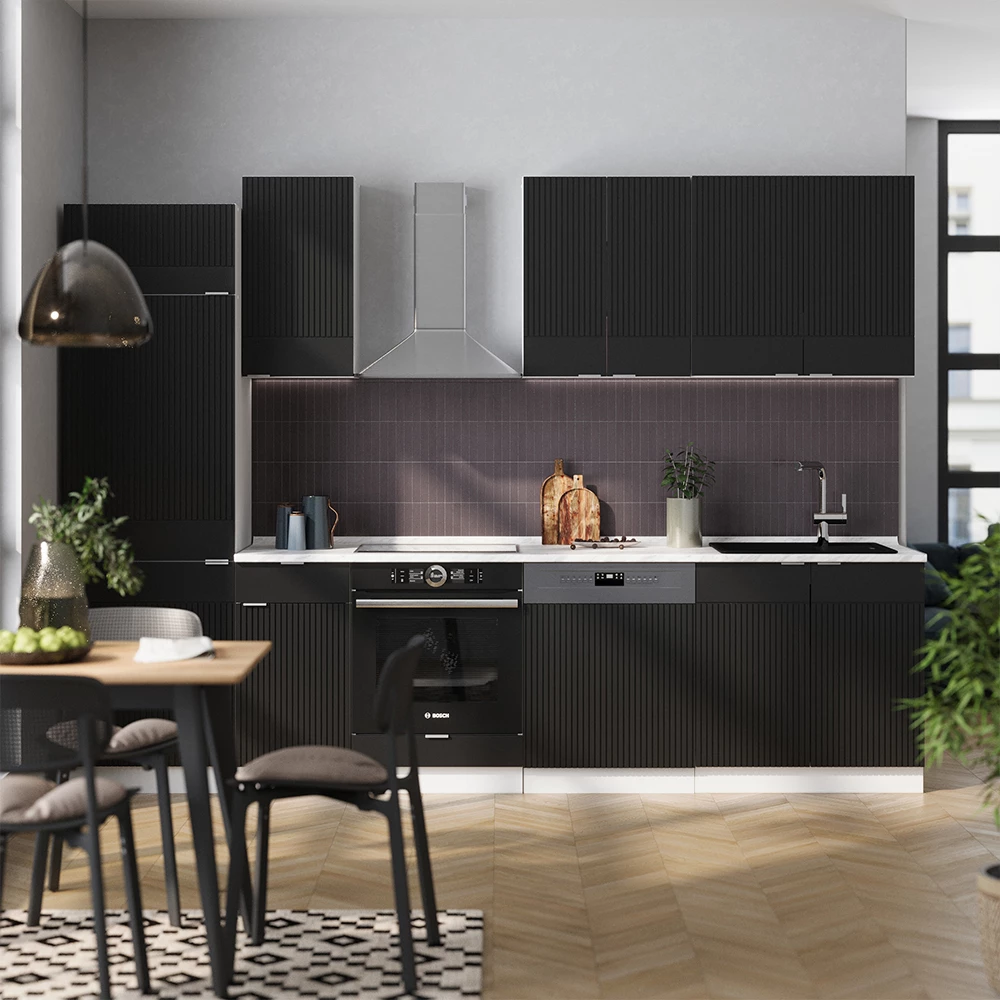 Čajna kuhinja u boji Schwarz gestreift/Weiß na bijeloj pozadini