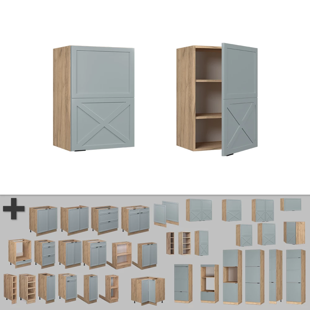 Nahaufnahme von Hängeschrank in Hellblau-grau, zeigt Textur/Details