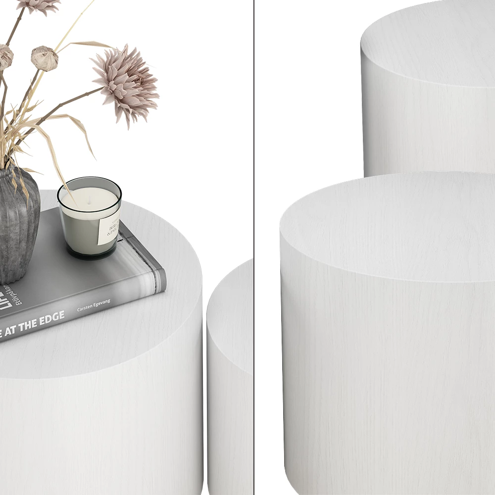 Nahaufnahme von Couchtisch-Set in Weiß, zeigt Design- und Oberflächendetails