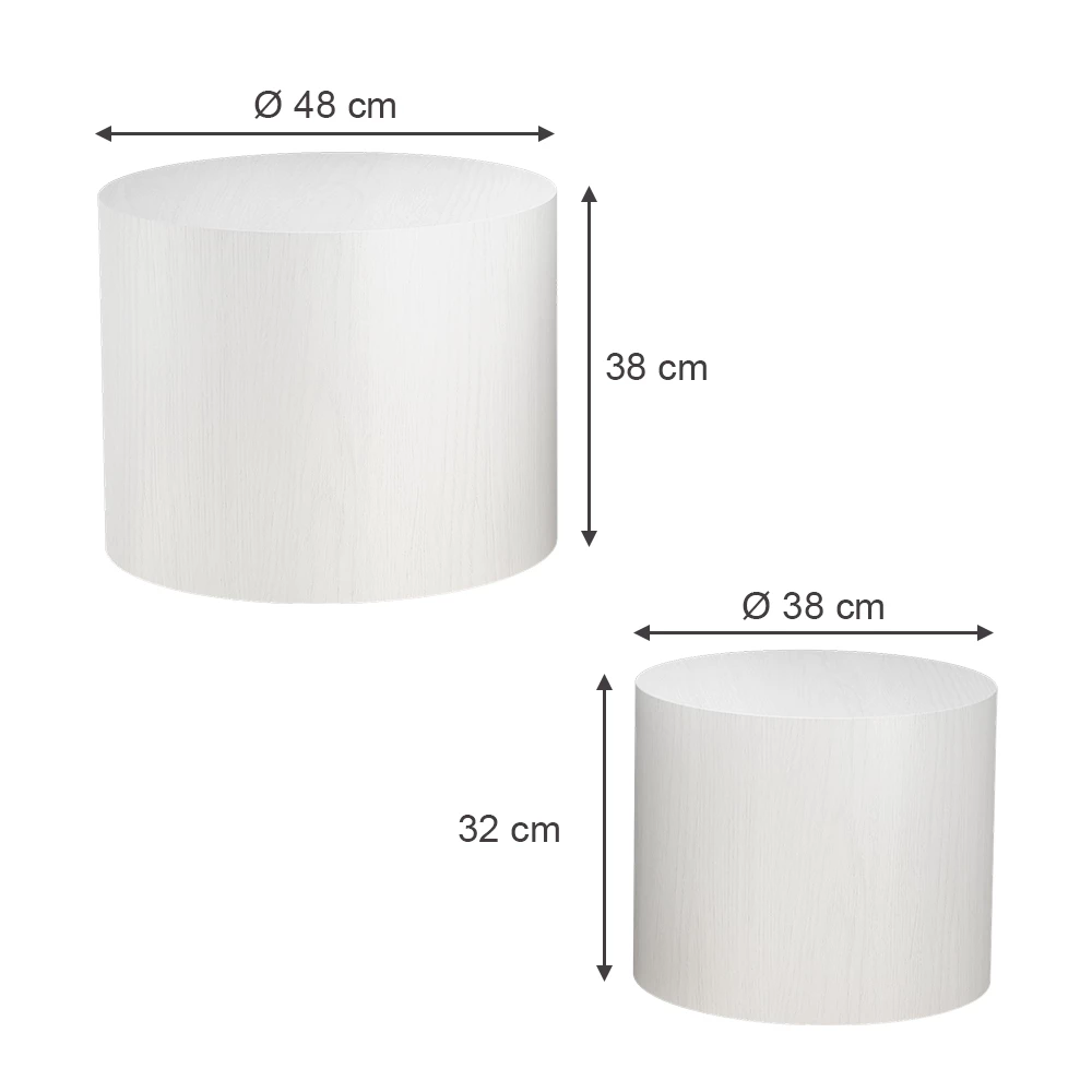 Couchtisch-Set in Weiß auf weißem Hintergrund mit sichtbaren Maßen