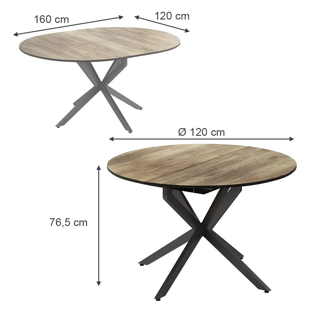 Vicco Masă de luat masa Negru rustic/stejar 120x76.5 cmextensibil, Loyd