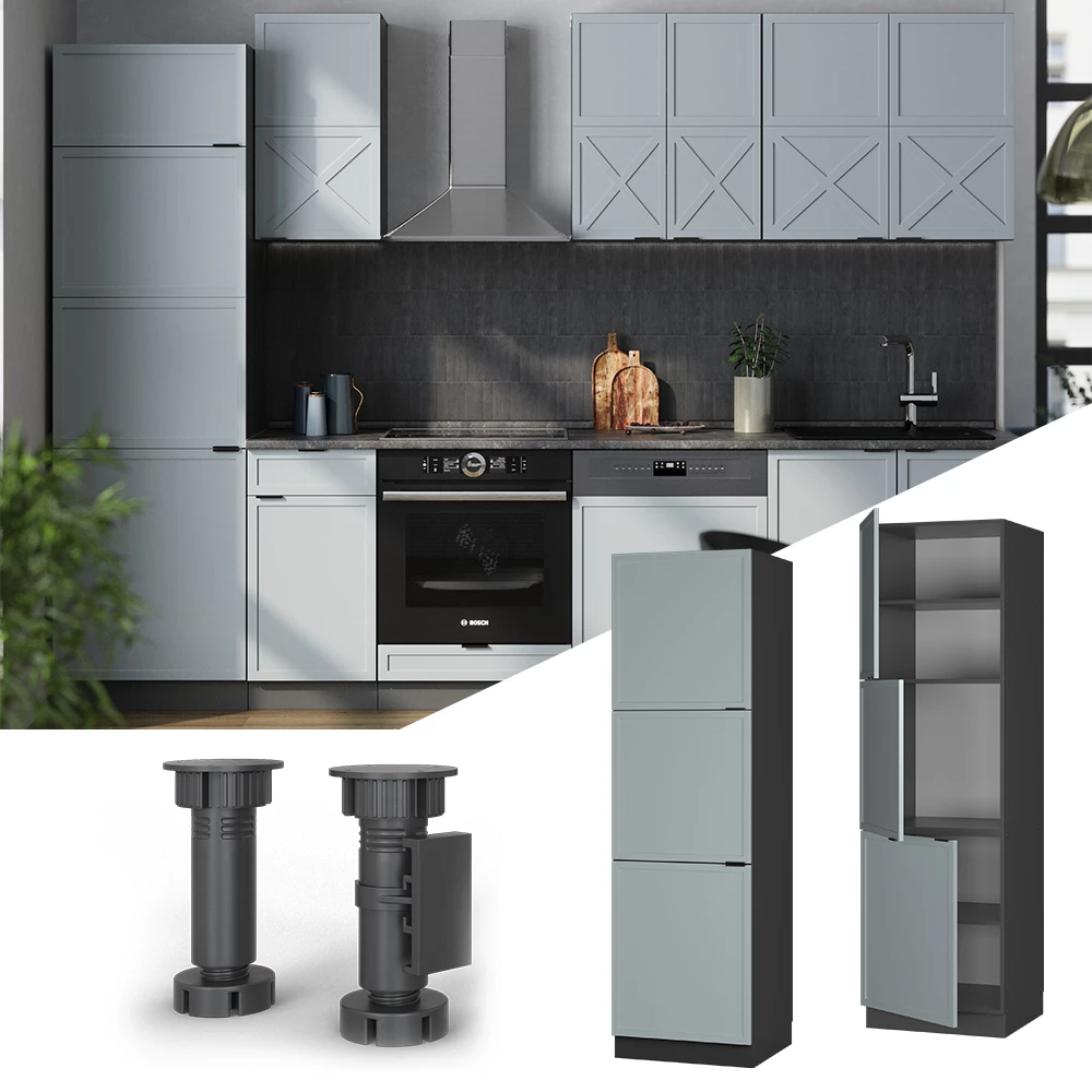 Herdumbauschrank in Hellblau-grau, dargestellt im Ambiente und auf weißem Hintergrund