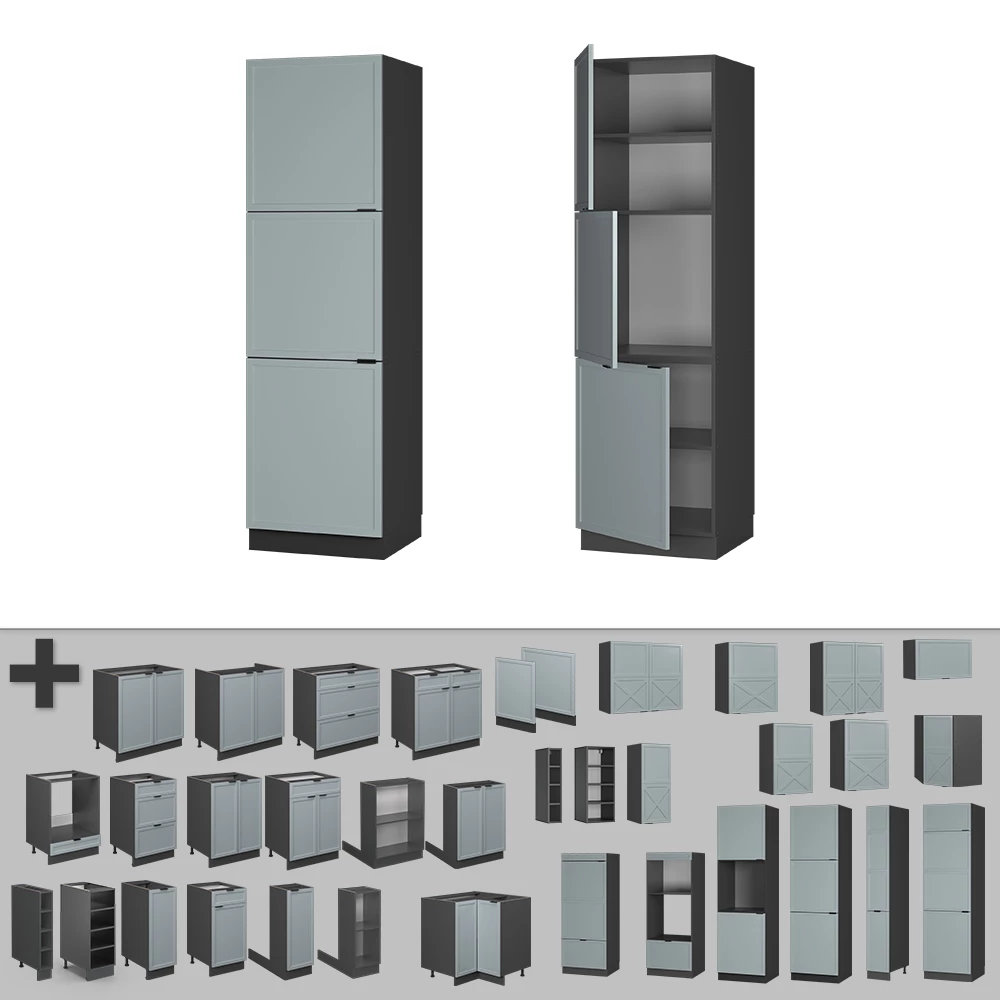 Nahaufnahme von Herdumbauschrank in Hellblau-grau, zeigt Textur/Details