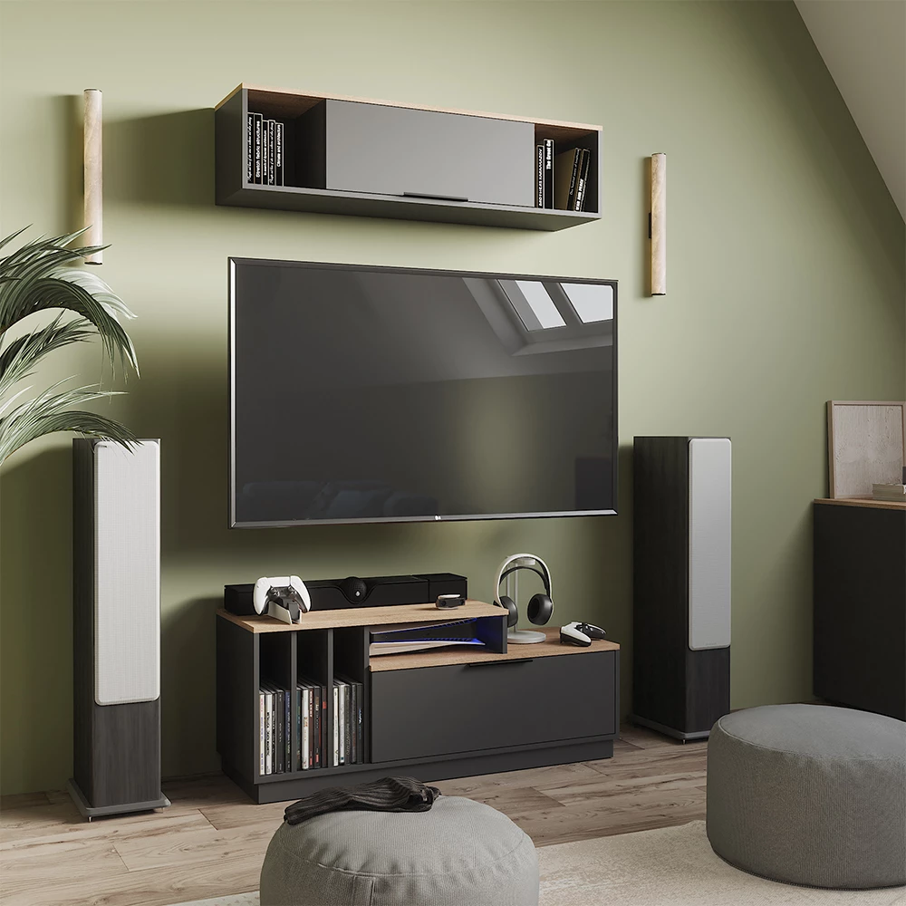 Lowboard in Anthrazit/Sonoma auf weißem Hintergrund