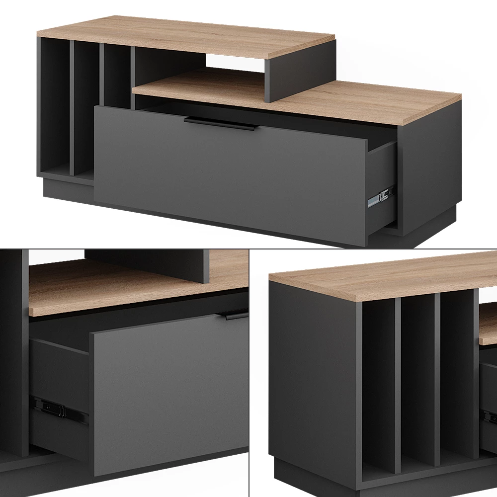 Nahaufnahme von Lowboard in Anthrazit/Sonoma, zeigt Design- und Oberflächendetails