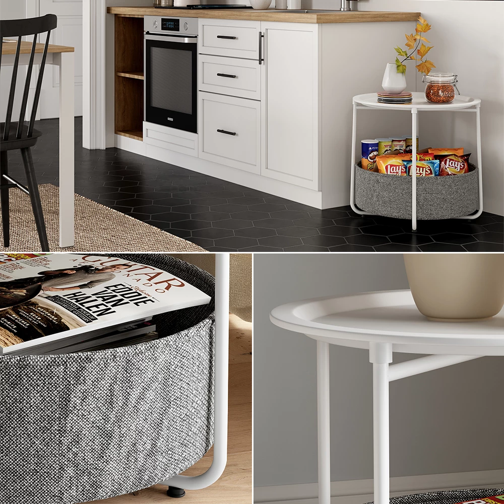 Nahaufnahme von Couchtisch in Weiß, zeigt Textur/Details