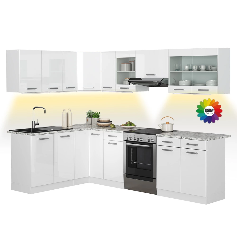 Cucina ad angolo in Bianco/bianco lucido su sfondo bianco con elementi decorativi