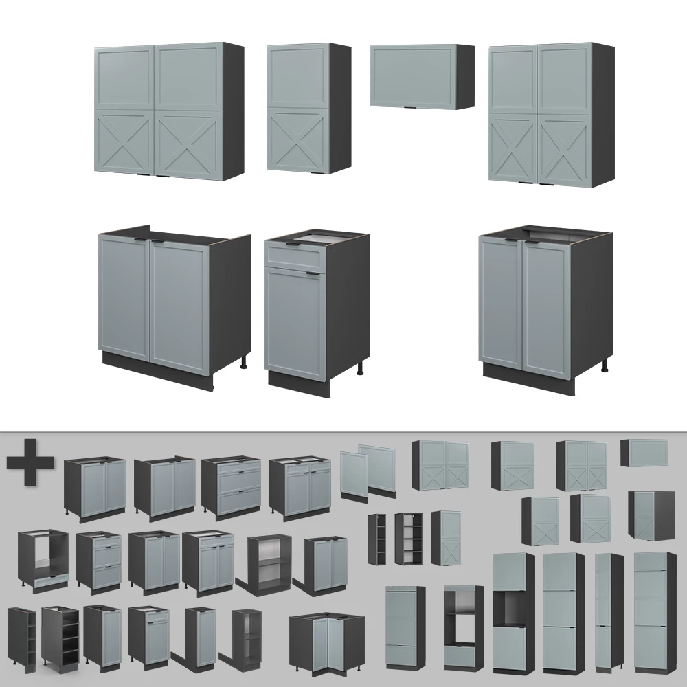 Gros plan de Cuisine en Bleu clair-gris/anthracite, montrant le design et les détails de surface
